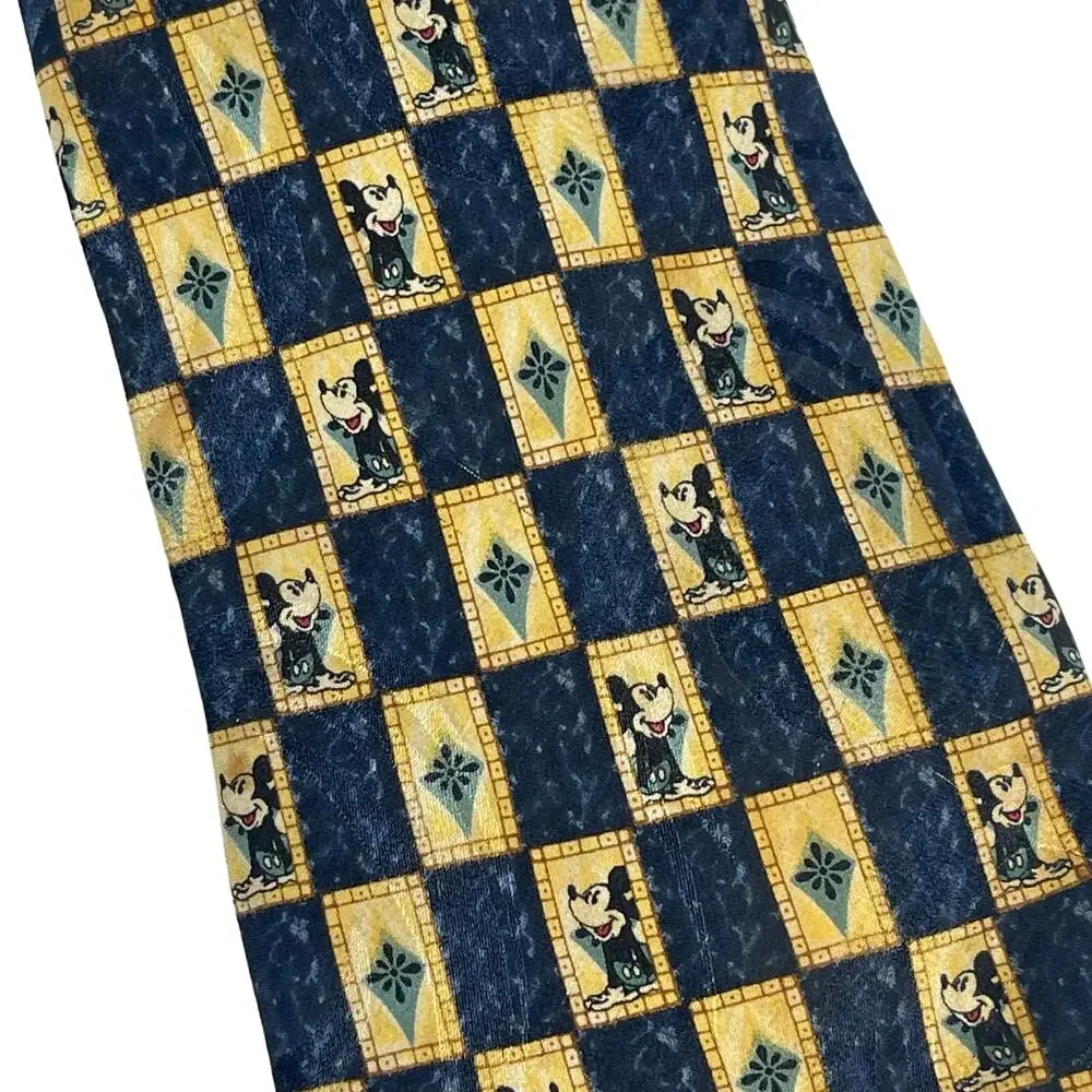 Vintage Disney Navy Blue Check Mickey Mouse 100% Silk Novelty Neck Tie 90s